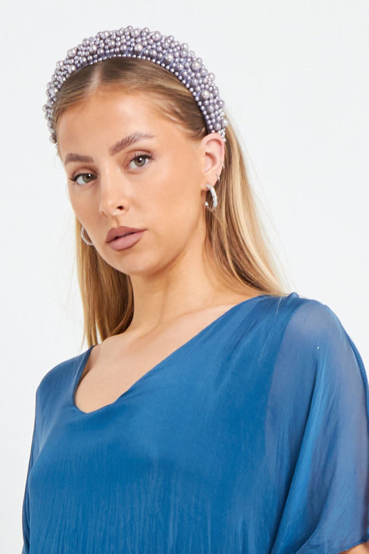 Silver Blue Pink Pearl Chunky Headband-0